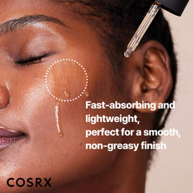 COSRX pipette dispensing serum into hand, illustrates easy application and targeted layering