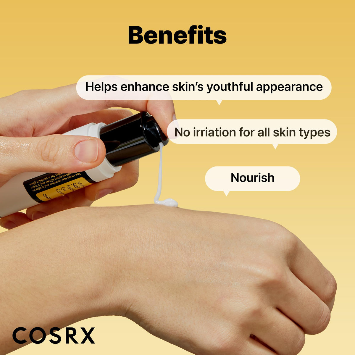 COSRX ingredient callout with snail mucin and niacinamide emphasizing hydration benefits