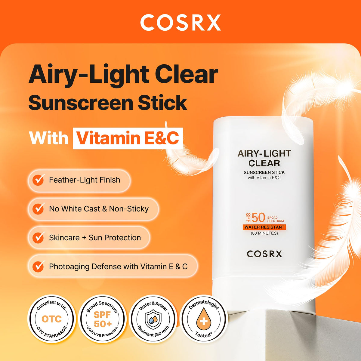COSRX sunscreen stick with cap off demonstrating easy direct application benefit