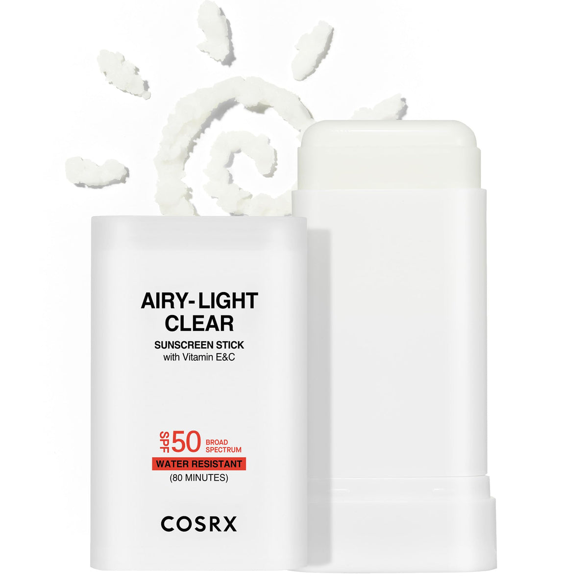 COSRX front packaging of sunscreen stick shows SPF 50 and compact design benefit