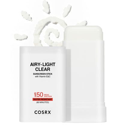 COSRX front packaging of sunscreen stick shows SPF 50 and compact design benefit