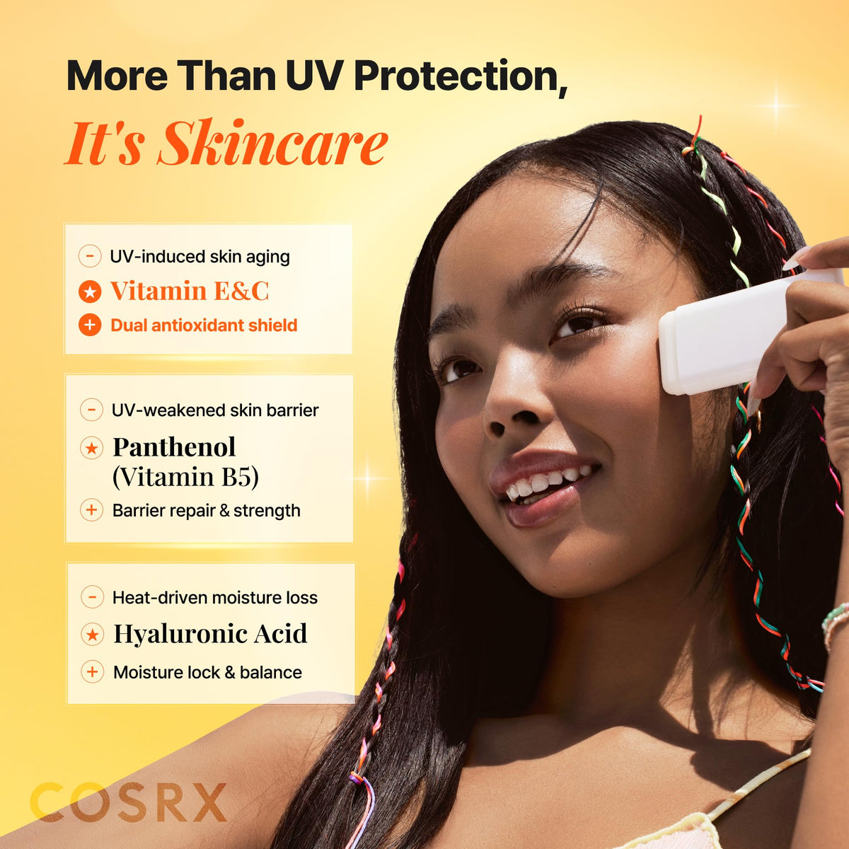 COSRX texture close-up of stick revealing smooth glide and lightweight feel benefit