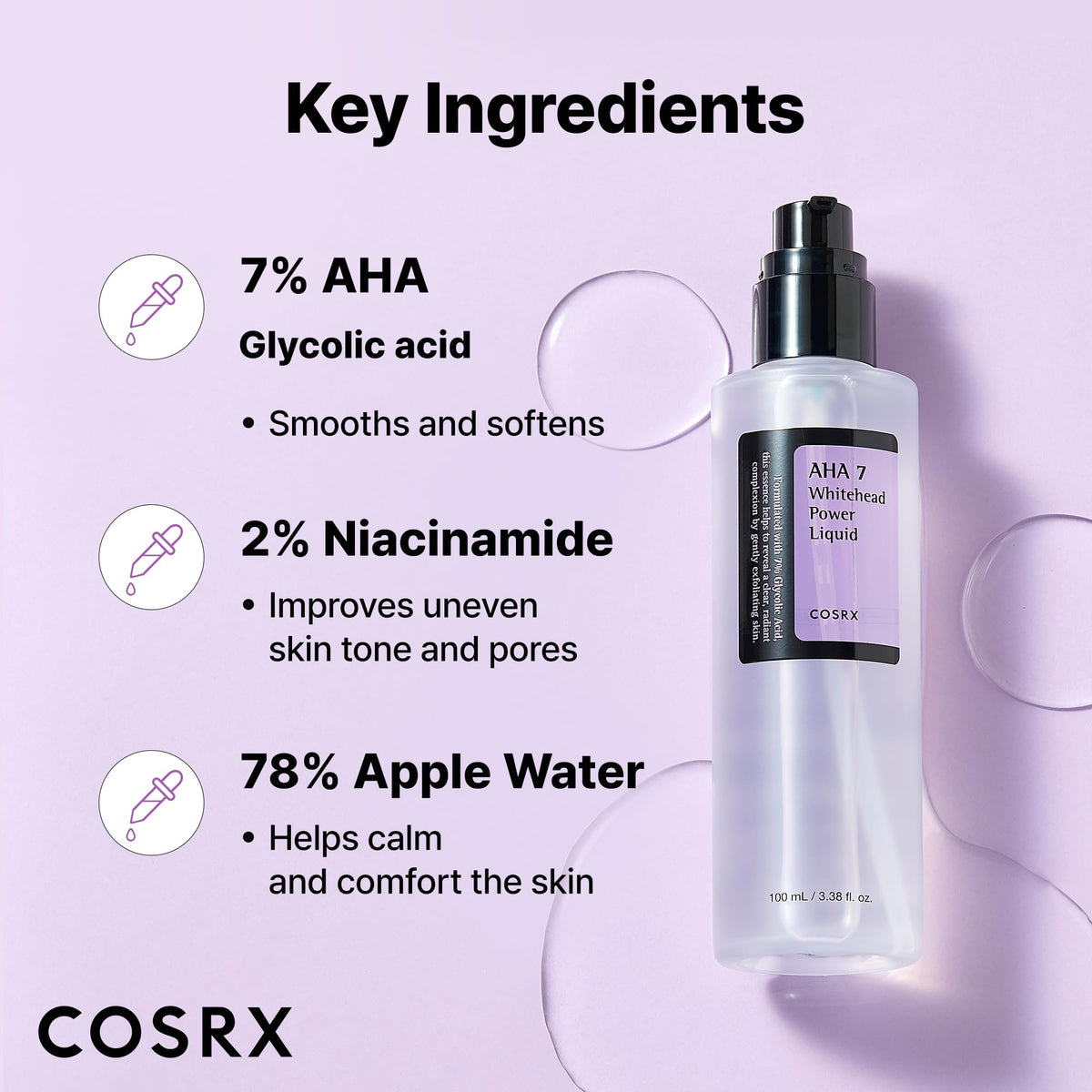 COSRX clear liquid texture close-up illustrating lightweight absorbent formula for smoother skin