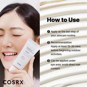 COSRX sunscreen being applied to face offering smooth, non-sticky finish
