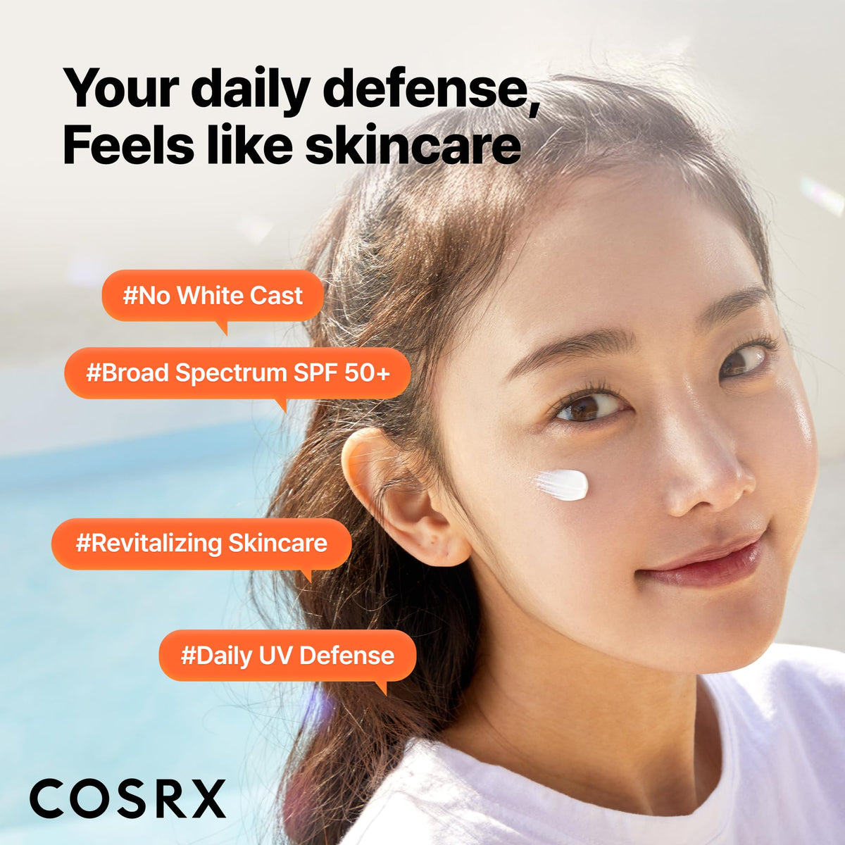 COSRX sunscreen texture on hand demonstrating lightweight, fast absorption