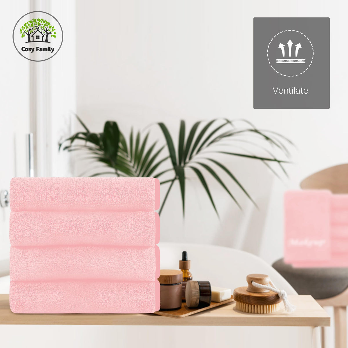 Cosy Family embroidered "Makeup" label detail adding elegant bathroom organization benefit