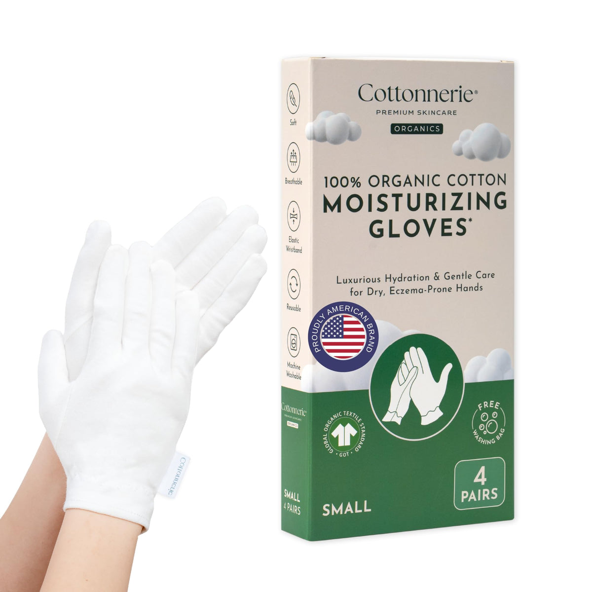 COTTONNERIE front packaging showing four pairs and organic cotton benefit