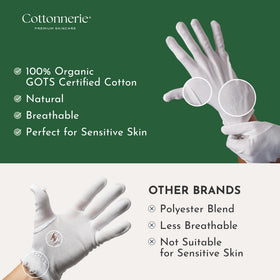 COTTONNERIE gloves worn in bed demonstrating overnight moisture retention