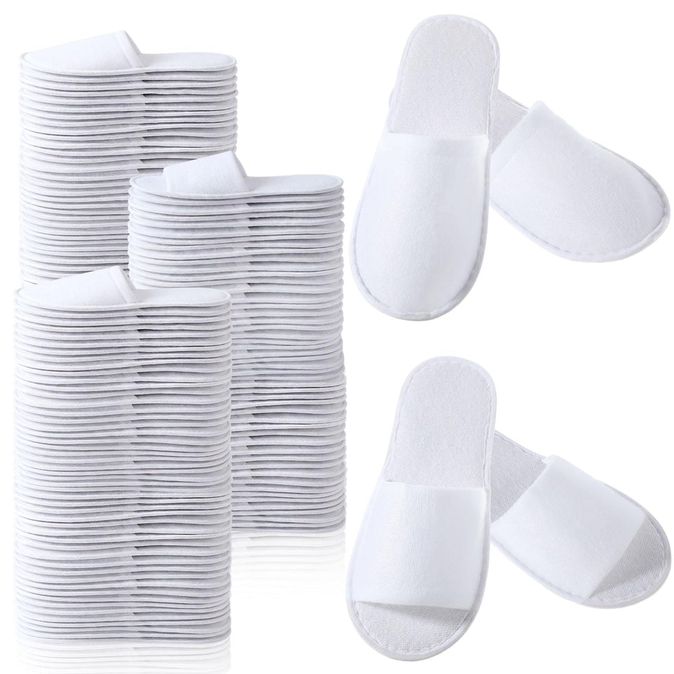 Coume front pack of 48 white guest slippers showing count and styles benefits hygiene