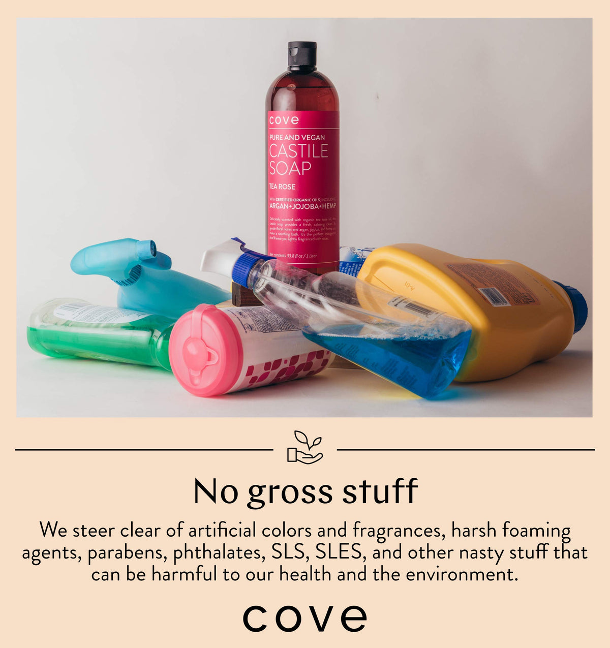 Cove bottle staged in kitchen setting showing multipurpose cleaning use and safety