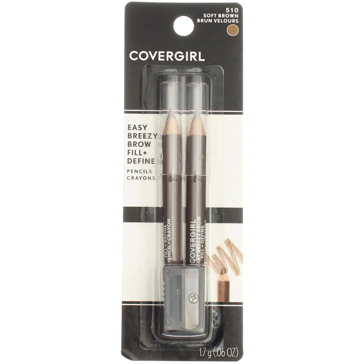 COVERGIRL front packaging showing four Soft Brown 510 pencils and value pack benefit