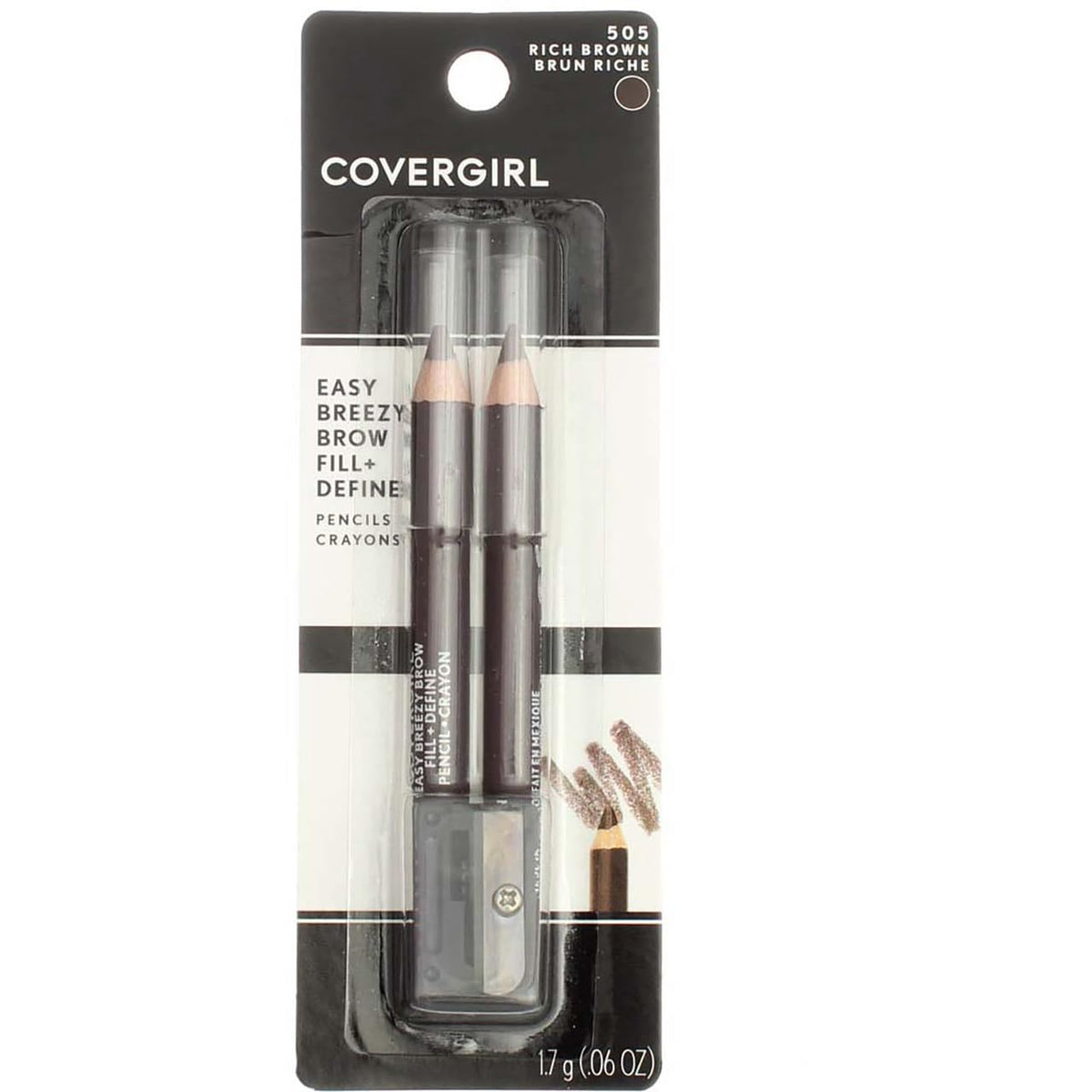 COVERGIRL front packaging showing two pencils and sharpener, clear travel-friendly set benefit