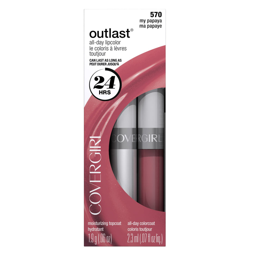 COVERGIRL Outlast front packaging showing shade My Papaya and two-step applicator benefit long-lasting color