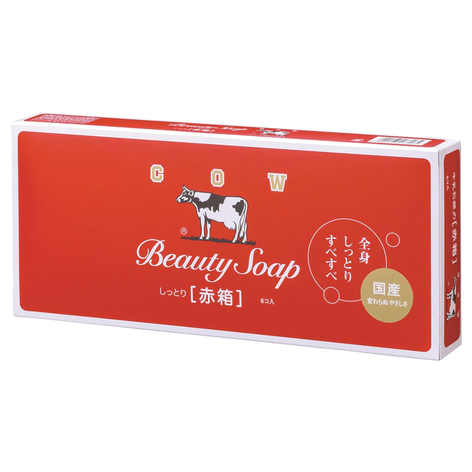 Cow Brand red box front packaging showing six wrapped bars and branding benefits