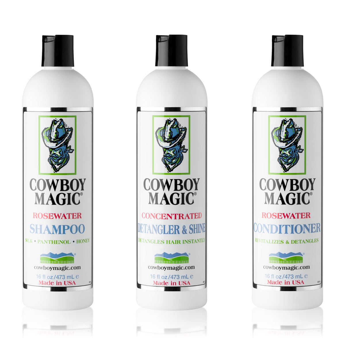 Cowboy Magic front packaging showing three 16 oz bottles and product benefits
