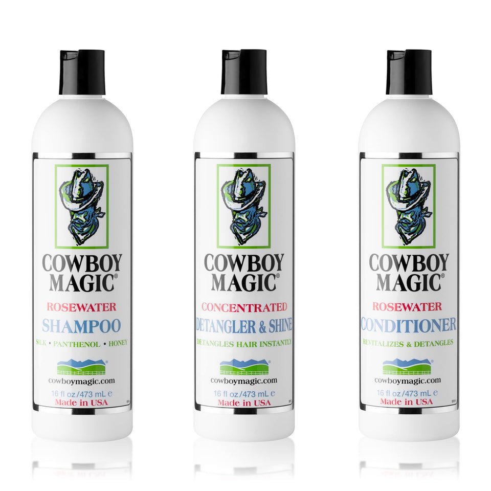 Cowboy Magic front packaging showing three 16 oz bottles and product benefits