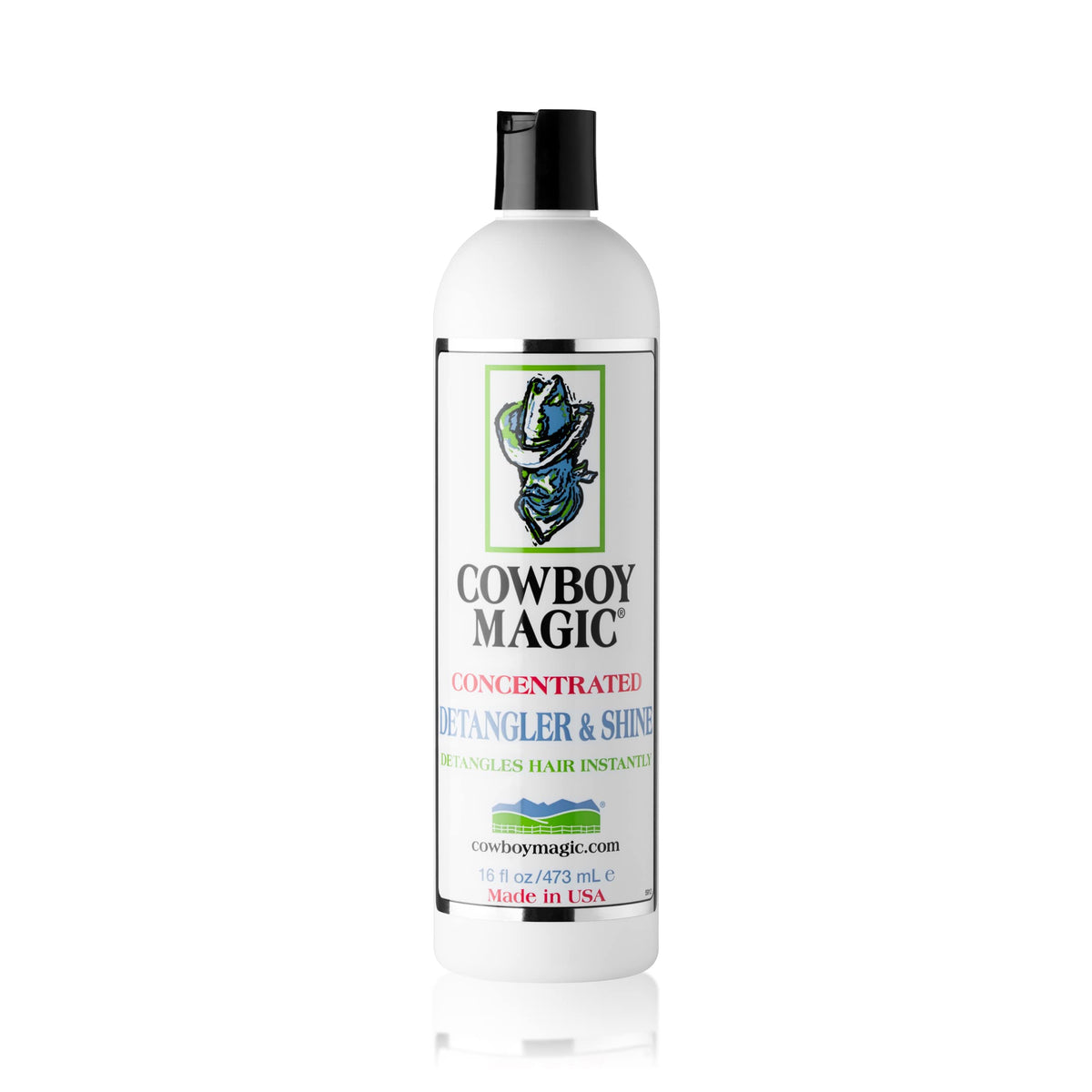 Cowboy Magic label close-up listing silk, panthenol and honey benefits