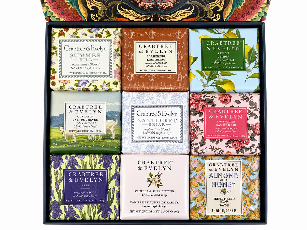 Crabtree & Evelyn decorative magnetic box with nine soaps, elegant gift presentation