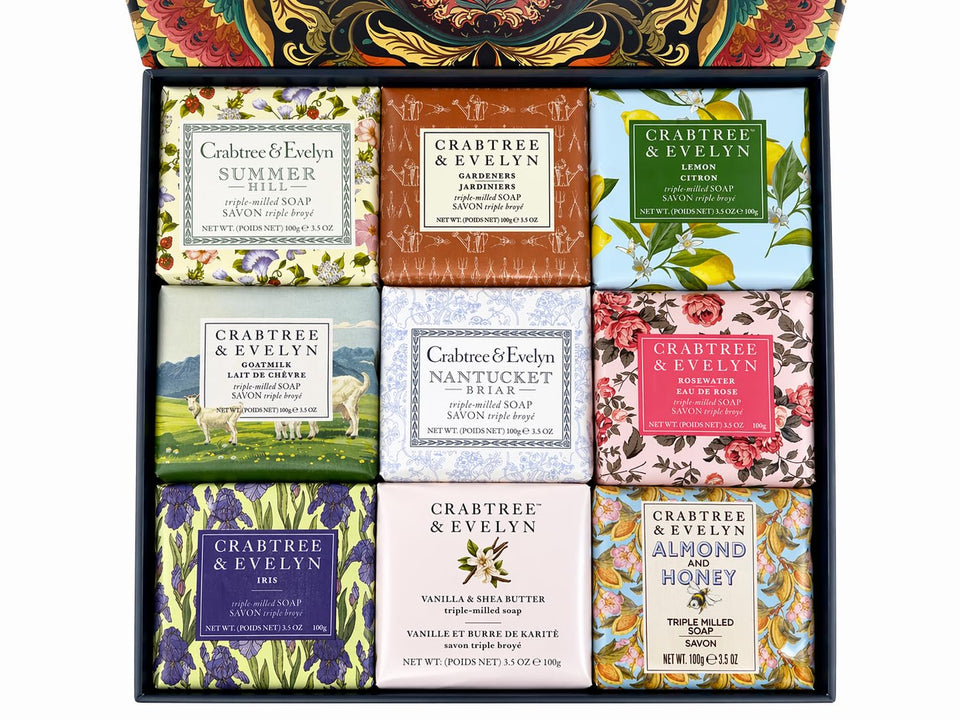 Crabtree & Evelyn decorative magnetic box with nine soaps, elegant gift presentation