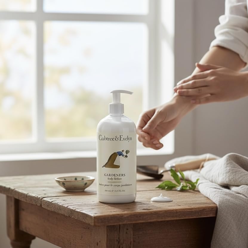 Crabtree & Evelyn lotion texture closeup showing creamy, fast-absorbing formula for smooth hydration