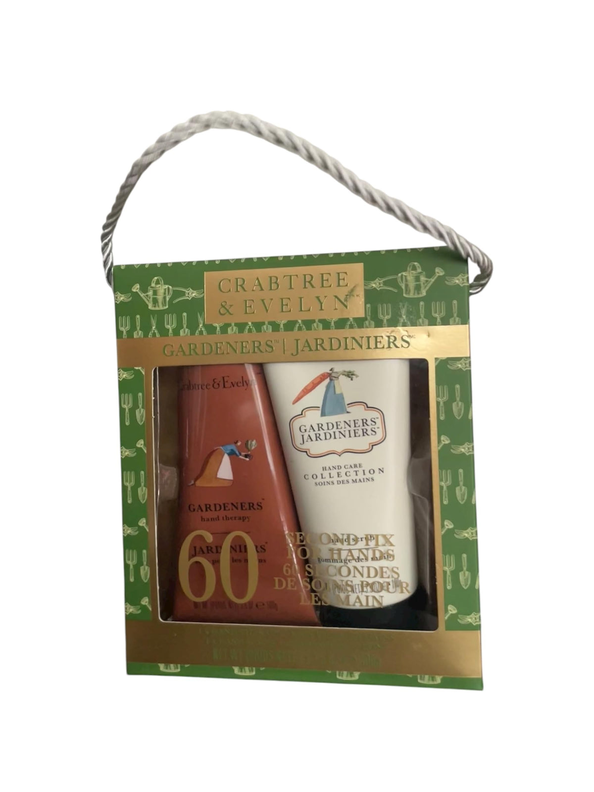 Crabtree & Evelyn front packaging of gardeners hand therapy cream and scrub, clear product view and benefits