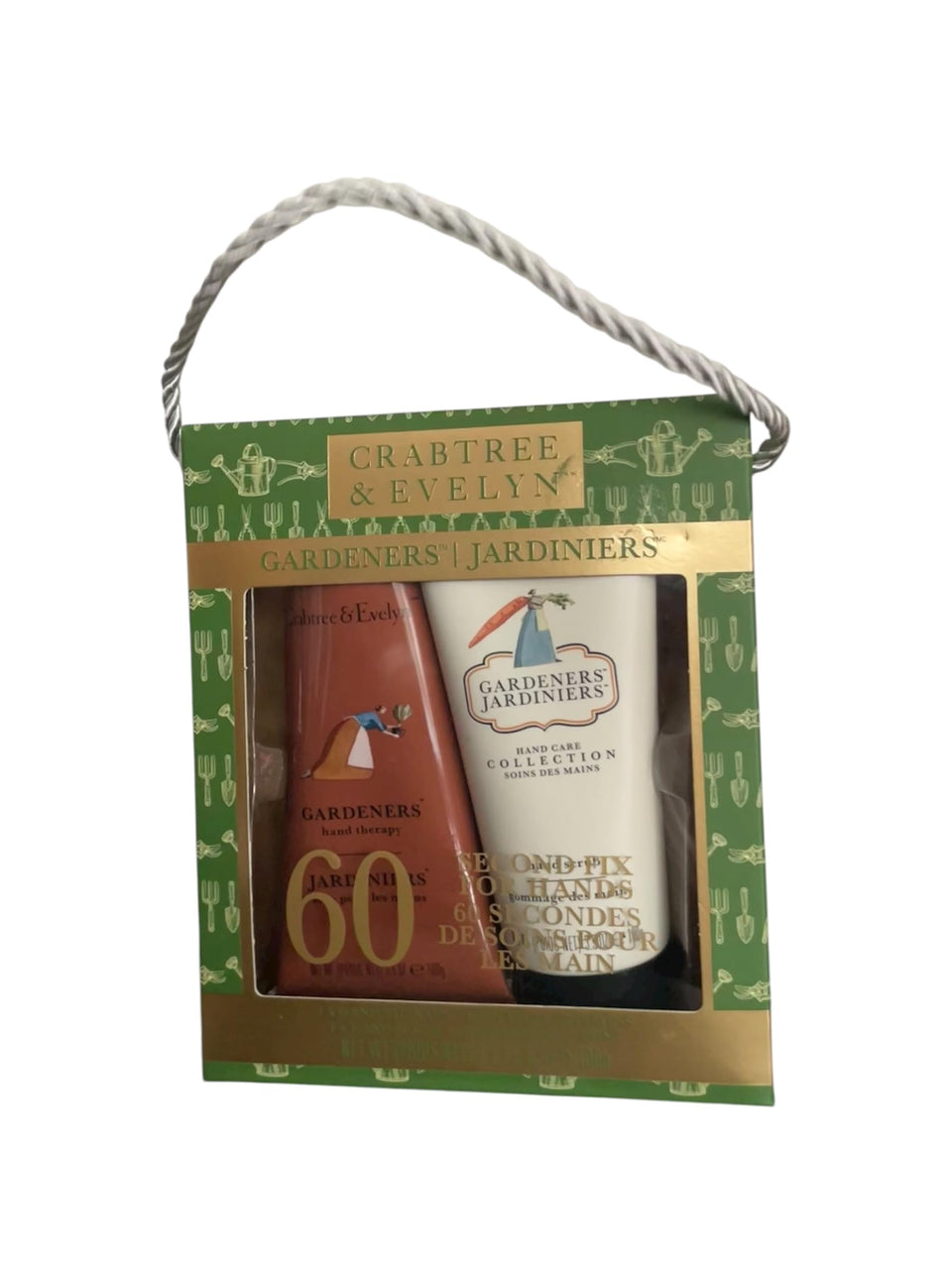 Crabtree & Evelyn front packaging of gardeners hand therapy cream and scrub, clear product view and benefits