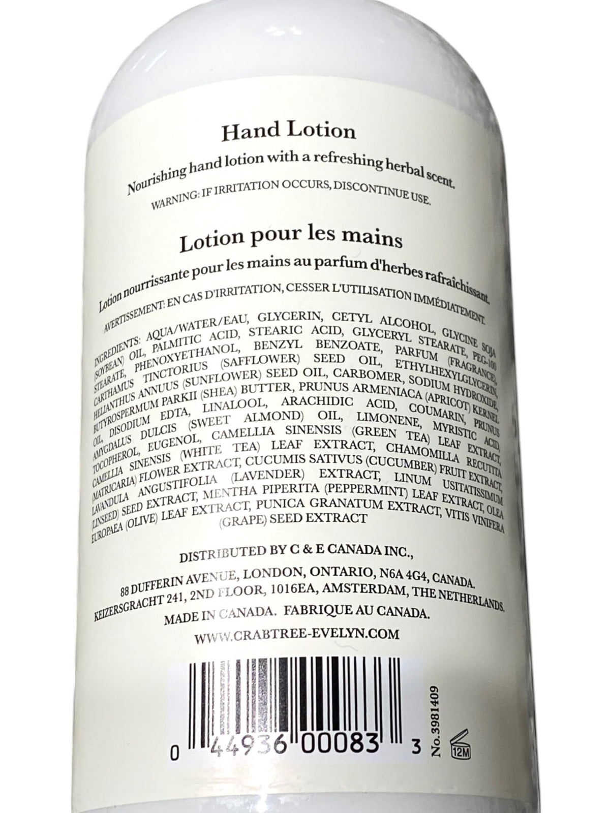 Crabtree & Evelyn lotion texture on hand, demonstrates smooth absorption and hydration