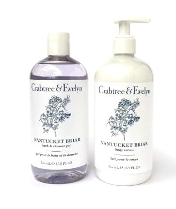 Crabtree & Evelyn front packaging showing bottles and floral fragrance benefit