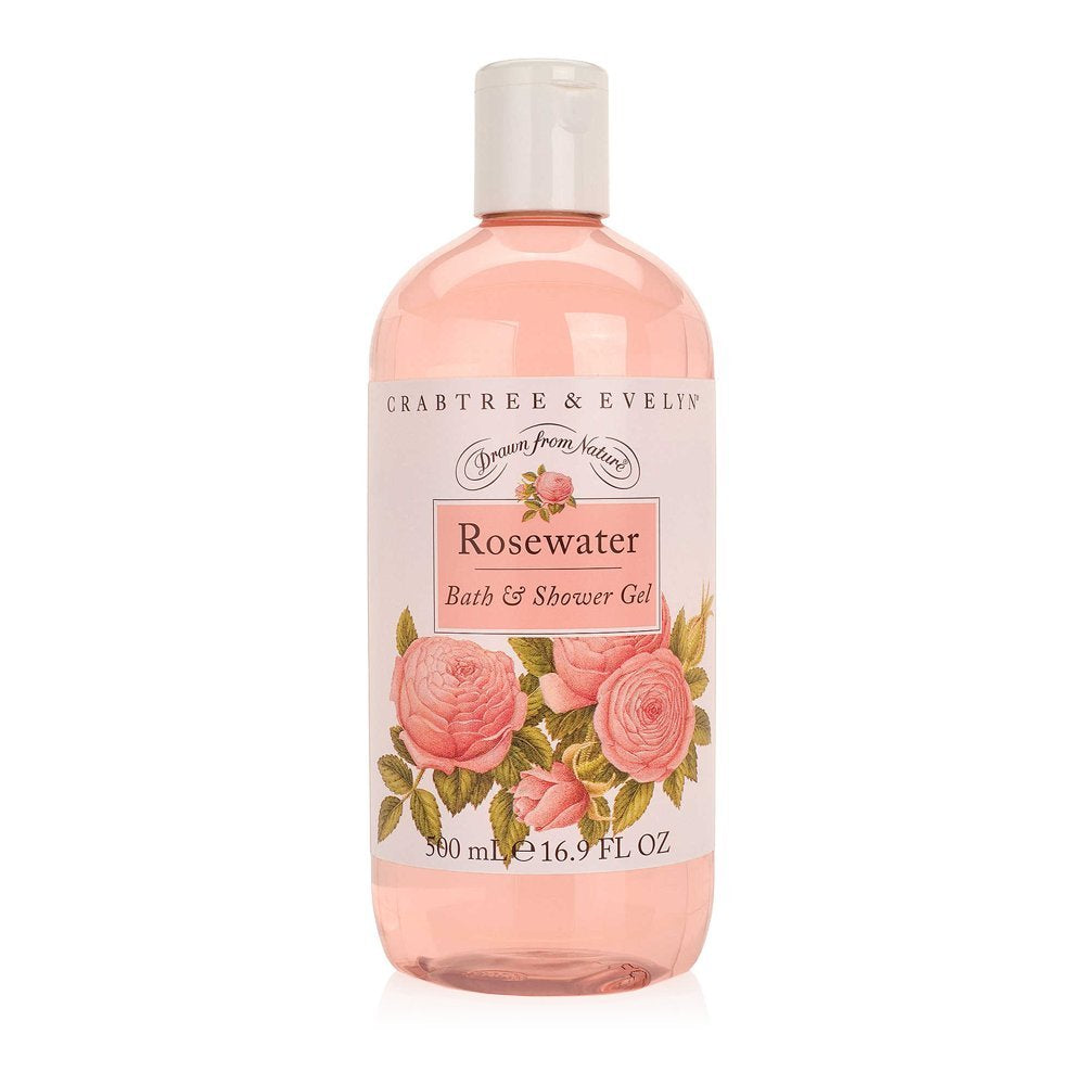 Crabtree & Evelyn bottle front showing rosewater gel and elegant label benefits
