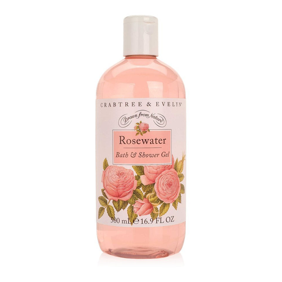 Crabtree & Evelyn bottle front showing rosewater gel and elegant label benefits