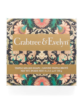 Crabtree & Evelyn nine soaps arranged top view, variety of fragrance choices