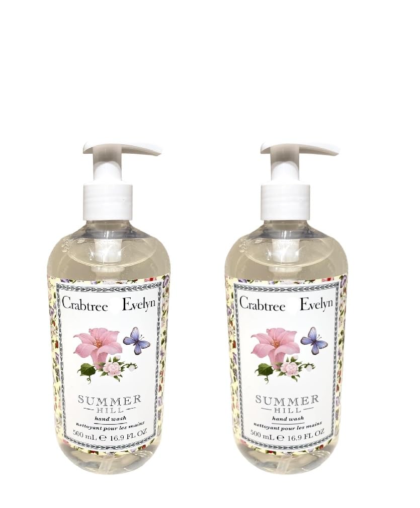Crabtree & Evelyn front packaging showing pump bottle and floral scent benefit