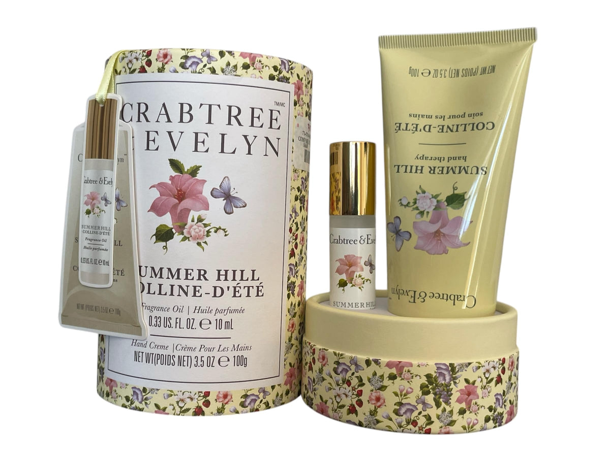 Crabtree & Evelyn front packaging showing the Summer Hill set, elegant gift presentation