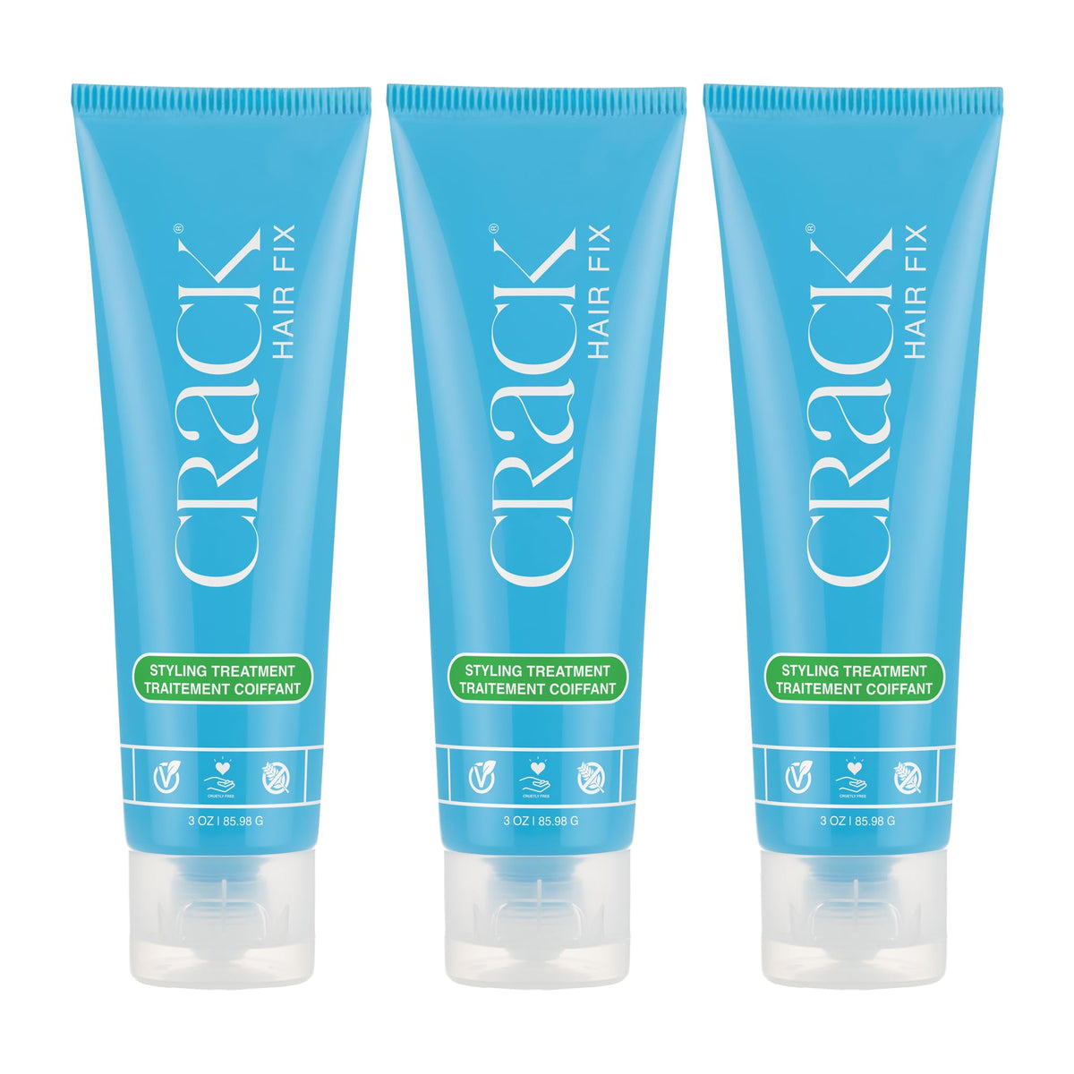 Crack front packaging showing product trio and clear labeling for styling benefits