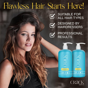 Crack duo styled on a bathroom shelf suggesting clean-beauty routine and salon-quality results