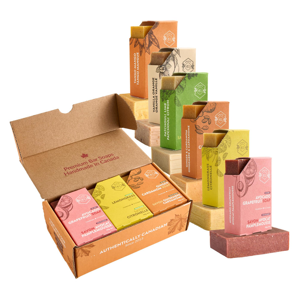 Crate 61 Organics front packaging showing six citrus bars and eco-friendly box benefits