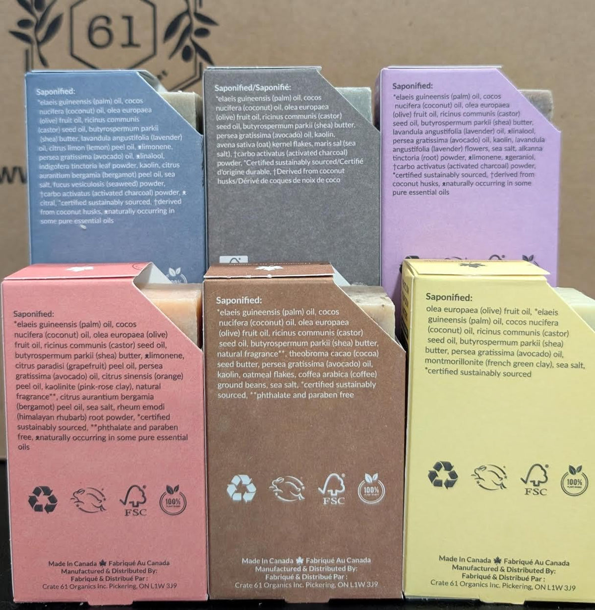 Crate 61 Organics FSC-certified packaging displayed to show recyclable materials
