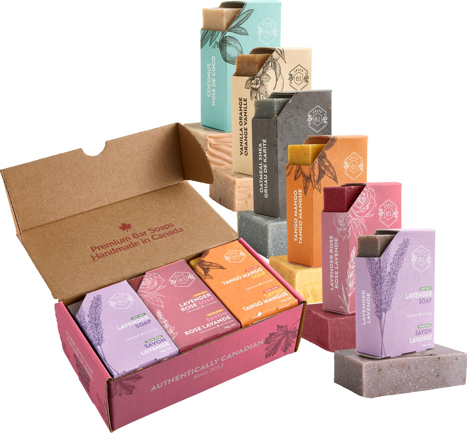 Crate 61 Organics front packaging showing six natural soap bars and eco-friendly box