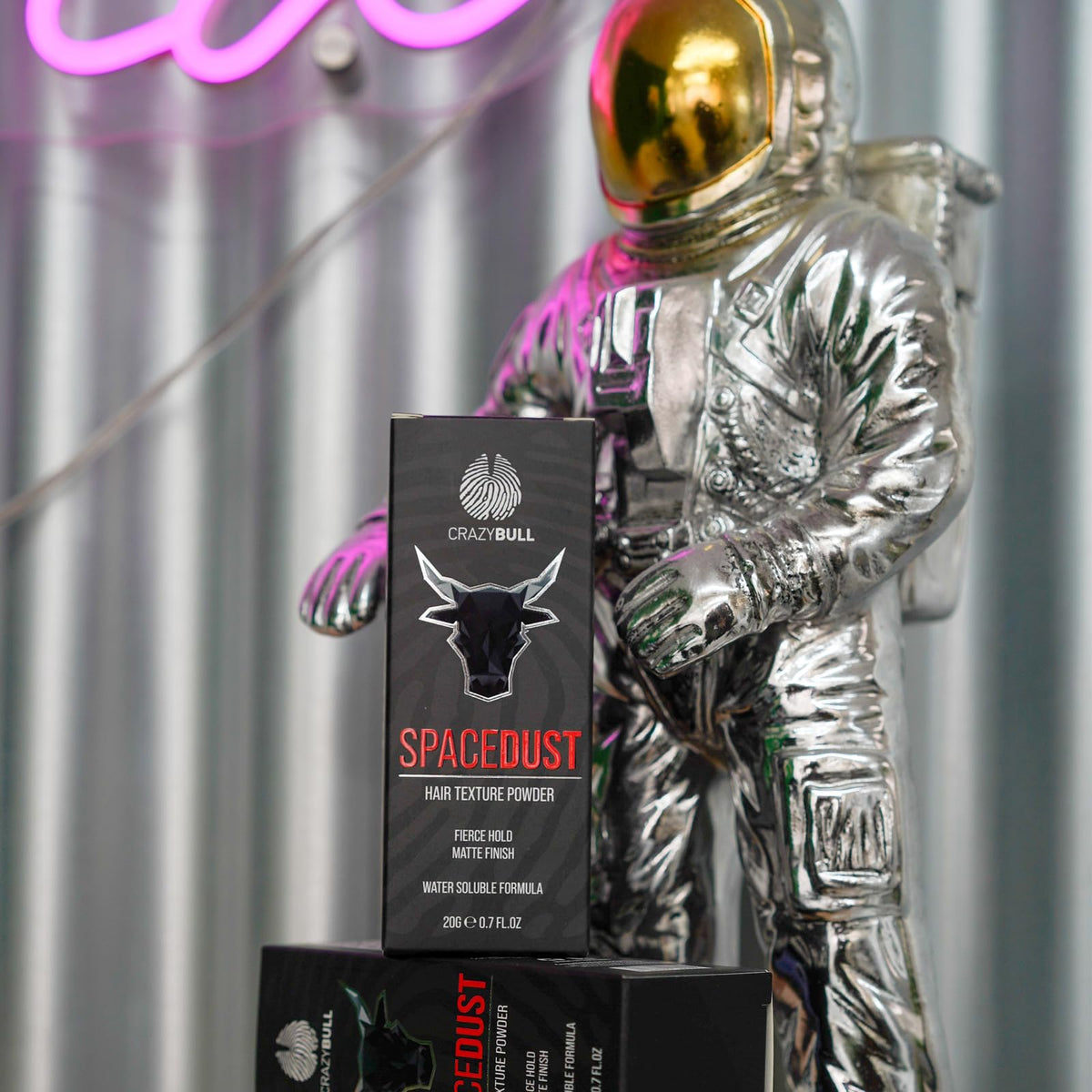 CrazyBull on bathroom counter with grooming tools showing everyday styling routine benefit