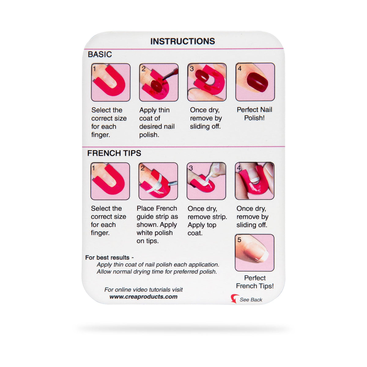 CreaClip size chart display of ten stencil sizes for accurate nail fit