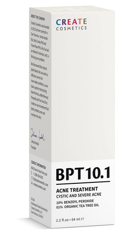 Create Cosmetics BPT10 ingredient label highlighting benzoyl peroxide and organic tea tree oil benefits