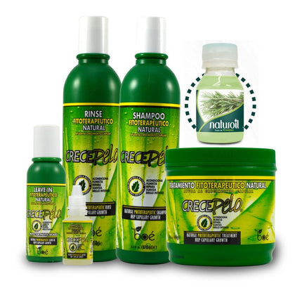 Crece Pelo front packaging showing full 5-pack set and tote for easy travel