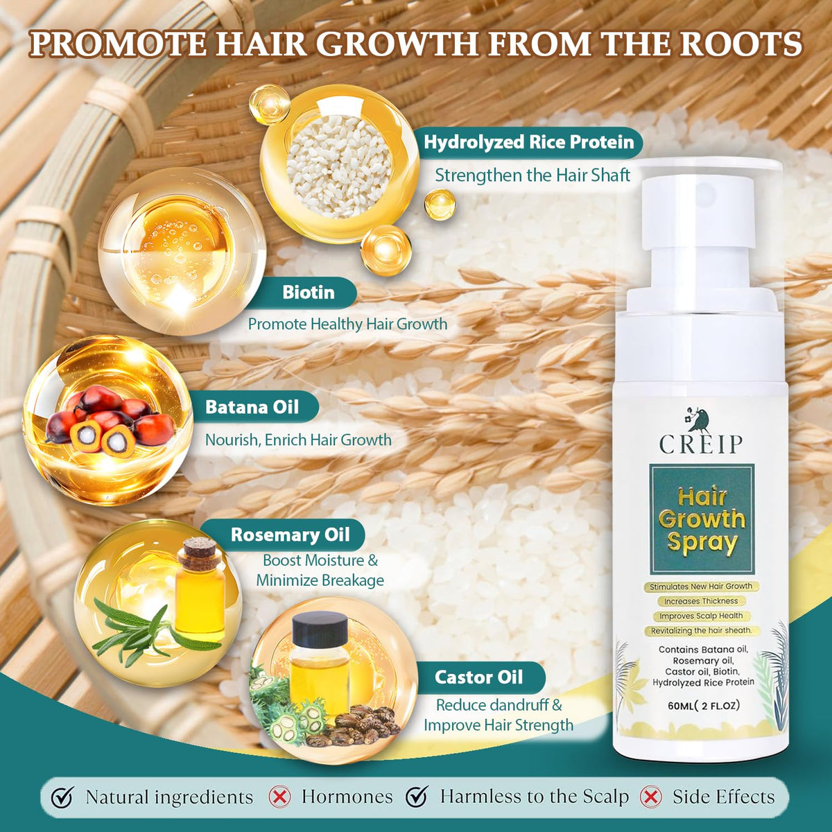 Creip spray nozzle delivering fine mist for easy scalp application