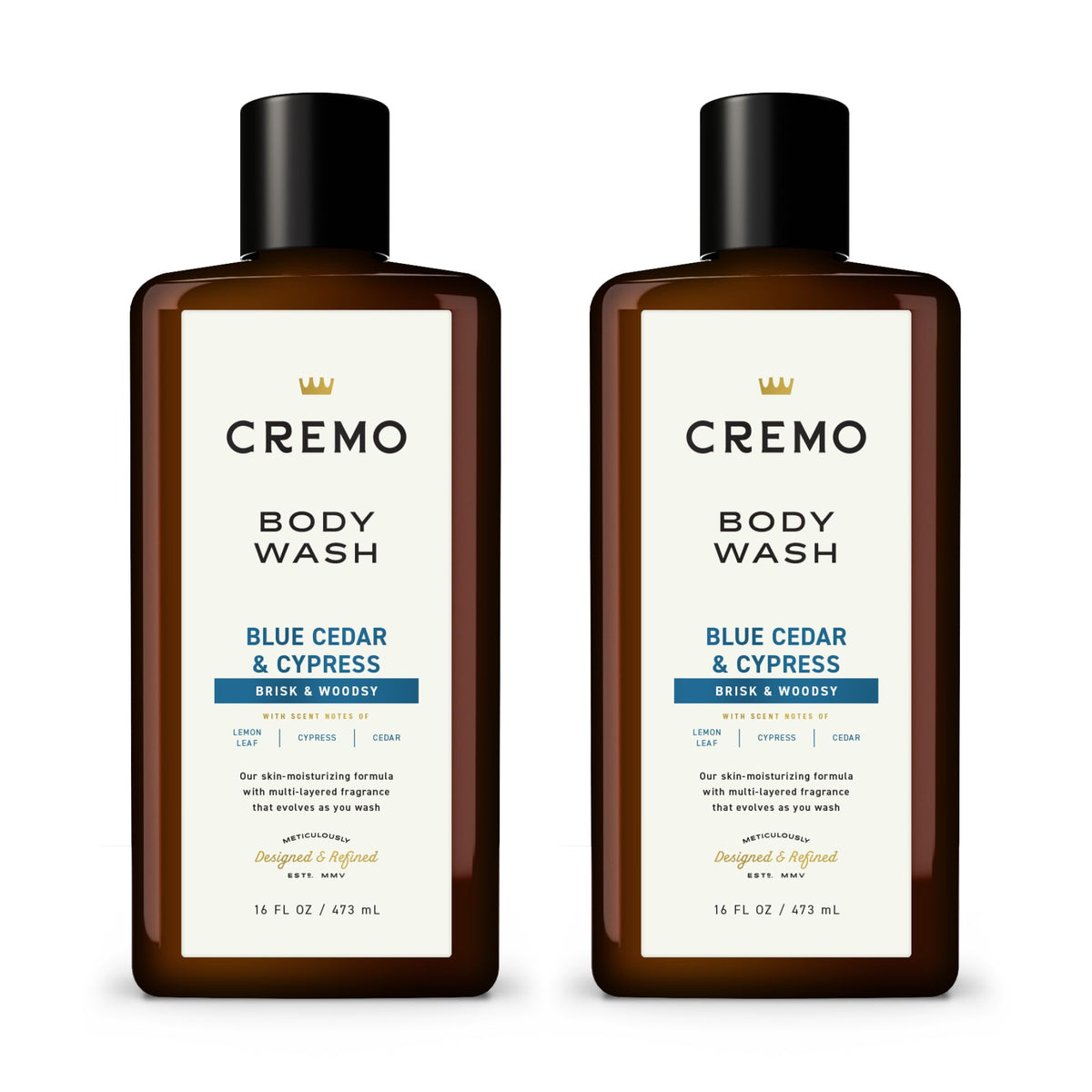 Cremo front packaging showing bottle label and woodsy scent benefits