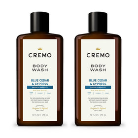 Cremo front packaging showing bottle label and woodsy scent benefits