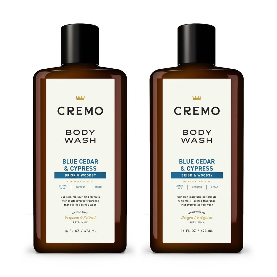 Cremo front packaging showing bottle label and woodsy scent benefits