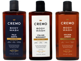 Cremo front packaging showing three 16 fl oz bottles and variety benefit