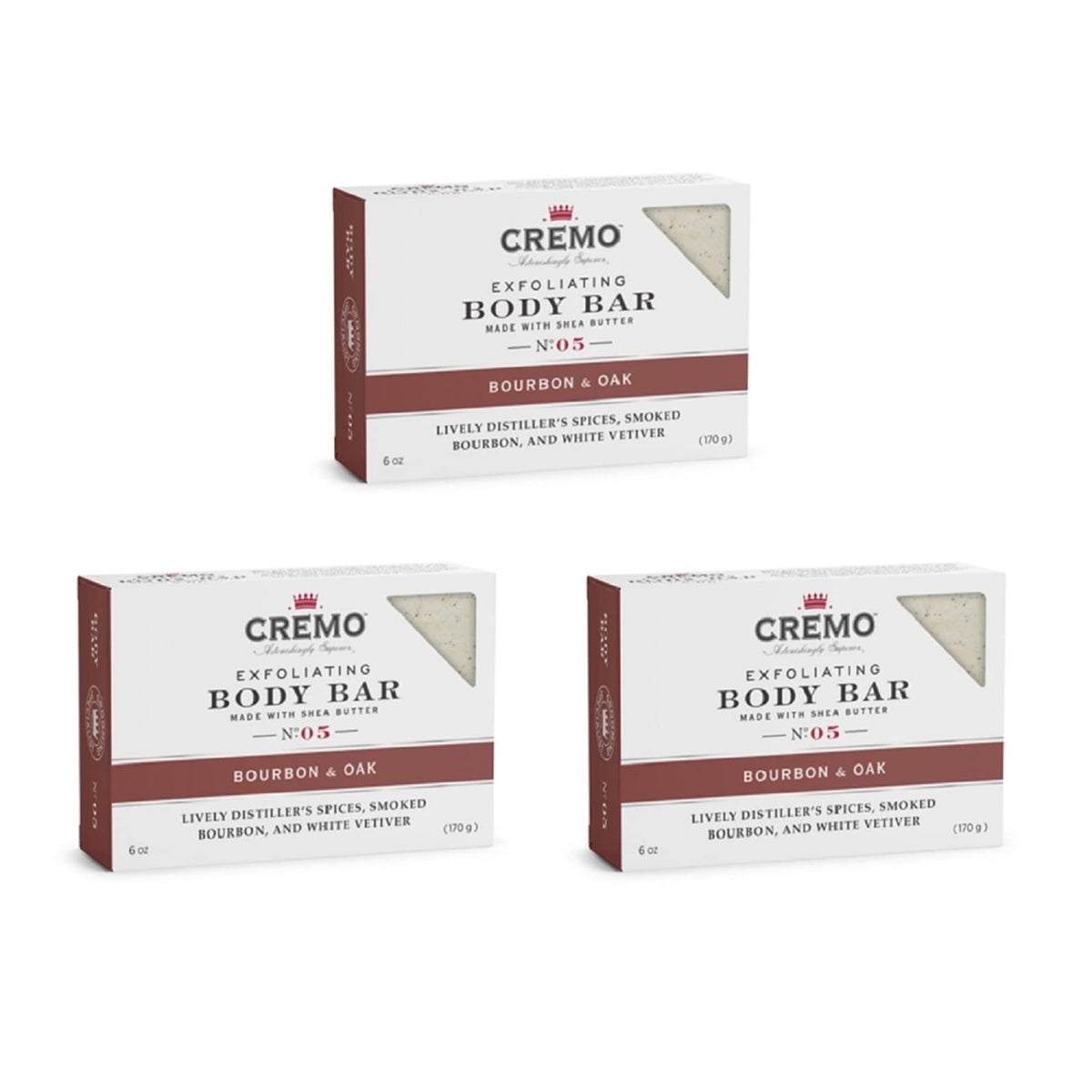 Cremo front packaging showing three Bourbon & Oak bars and branding benefit