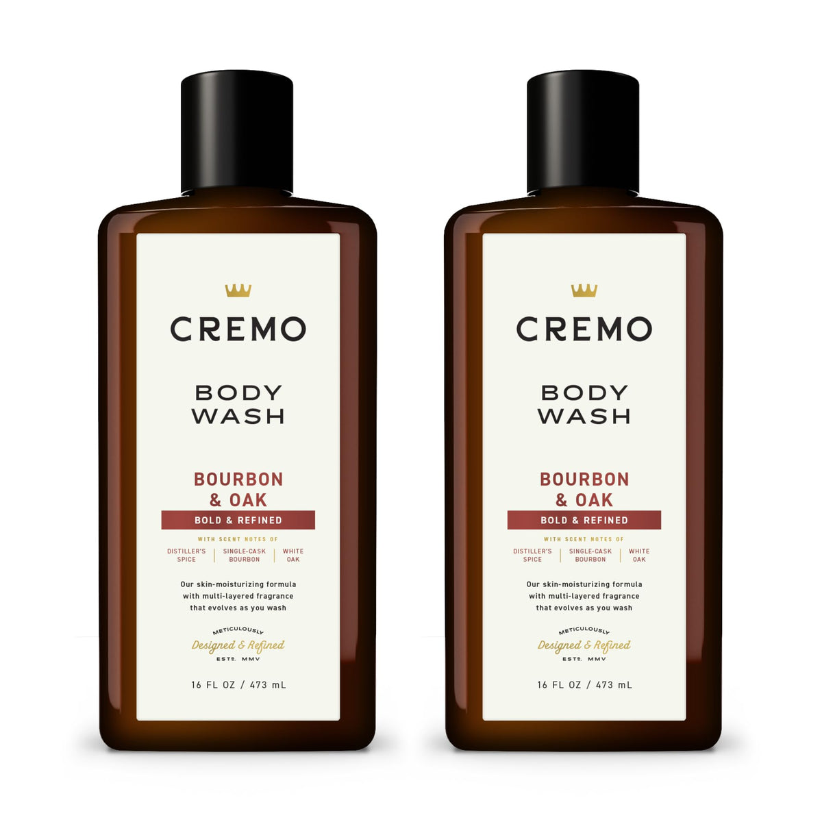 Cremo bottle front packaging showing label and bourbon oak scent benefit
