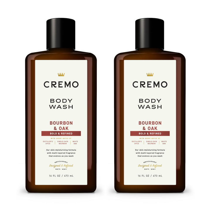 Cremo bottle front packaging showing label and bourbon oak scent benefit